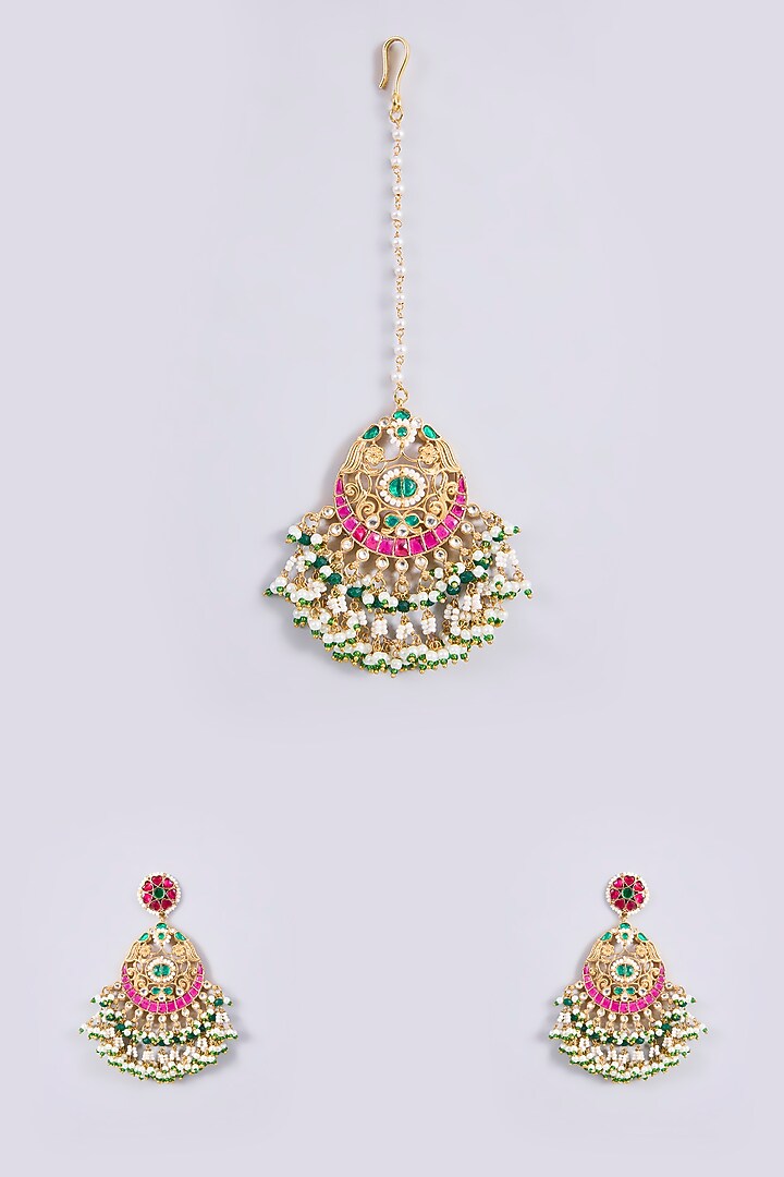 Gold Plated Kundan Polki Jadau Chandbali Earrings With Maangtikka by Shlok Jewels at Pernia's Pop Up Shop