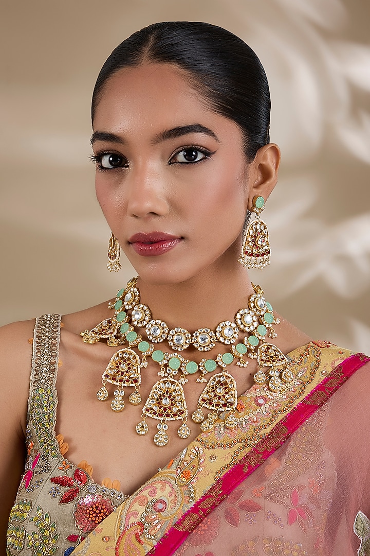 Gold Plated Kundan Polki & Semi-precious Stone Jadau Long Necklace Set by Shlok Jewels at Pernia's Pop Up Shop