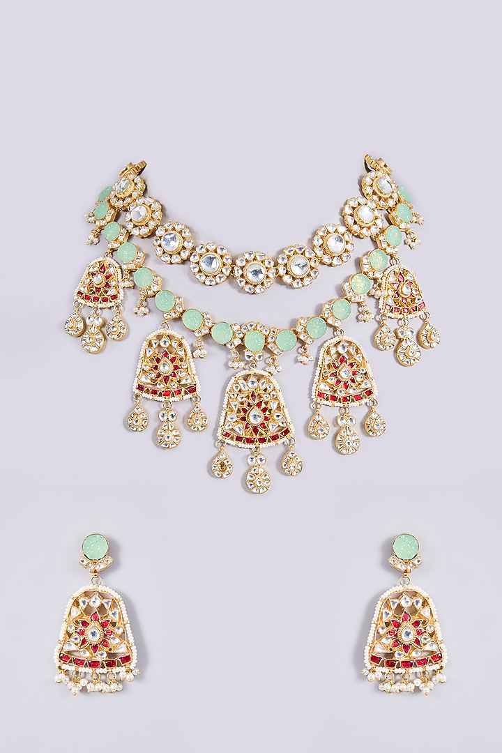 Gold Plated Kundan Polki & Semi-precious Stone Jadau Long Necklace Set by Shlok Jewels at Pernia's Pop Up Shop