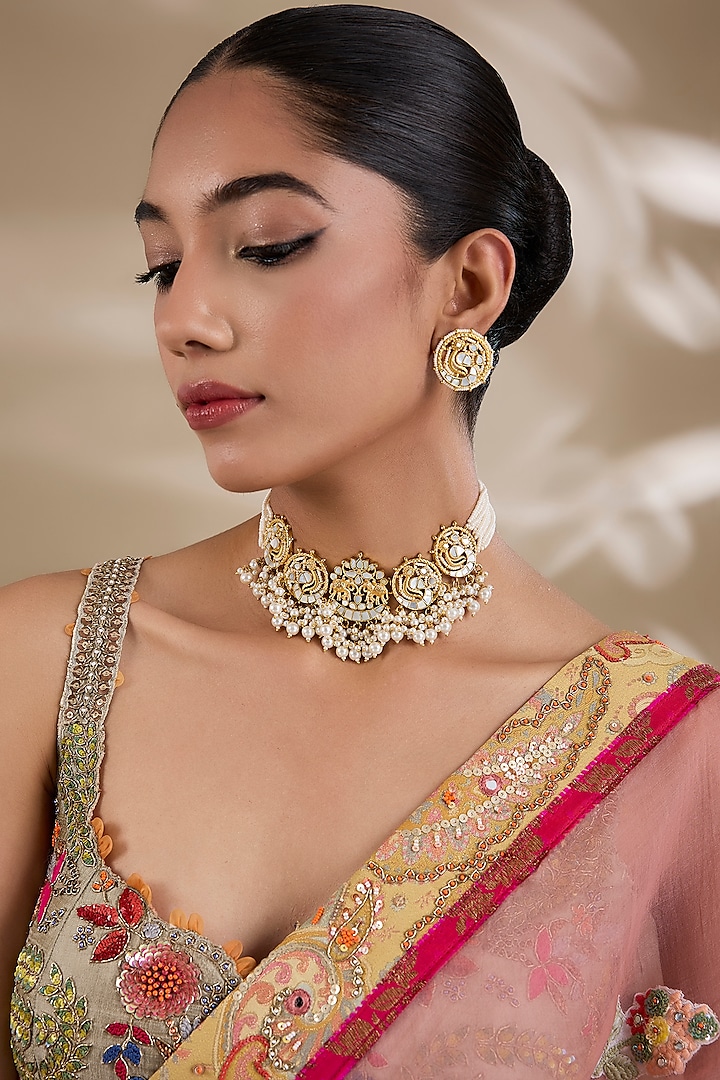Gold Plated Mother Of Pearl & Semi-precious Stone Choker Necklace Set by Shlok Jewels at Pernia's Pop Up Shop