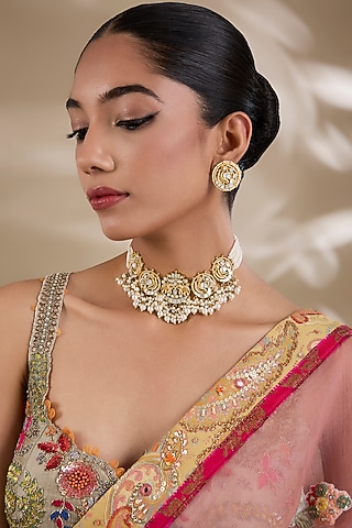 Gold Plated Mother Of Pearl & Semi-precious Stone Choker Necklace Set by Shlok Jewels