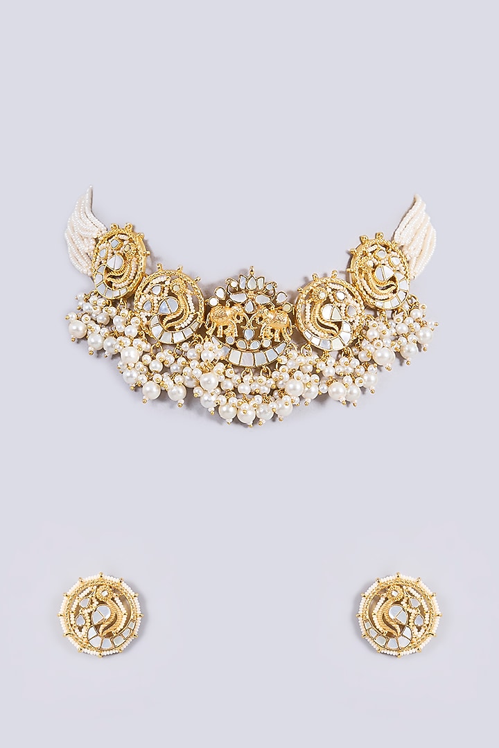 Gold Plated Mother Of Pearl & Semi-precious Stone Choker Necklace Set by Shlok Jewels at Pernia's Pop Up Shop