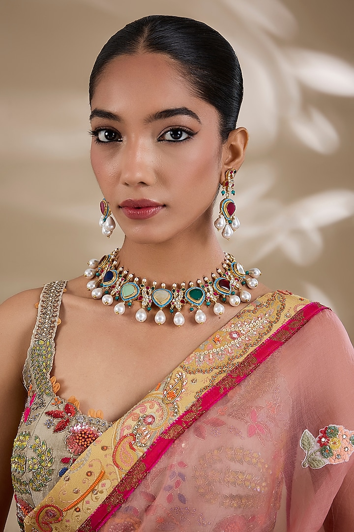 Gold Plated Kundan Polki & Semi-precious Stone Jadau Necklace Set by Shlok Jewels at Pernia's Pop Up Shop