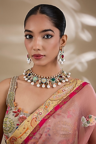 Gold Plated Kundan Polki & Semi-precious Stone Jadau Necklace Set by Shlok Jewels