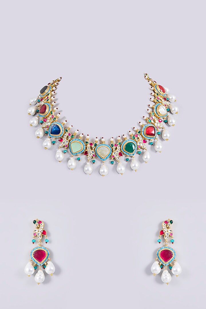 Gold Plated Kundan Polki & Semi-precious Stone Jadau Necklace Set by Shlok Jewels at Pernia's Pop Up Shop