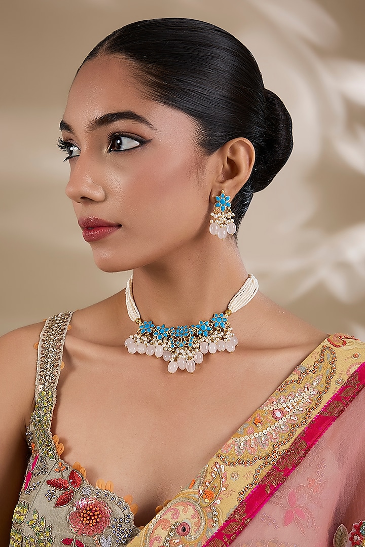 Gold Plated Kundan Polki & Turquoise Stone Jadau Choker Necklace Set by Shlok Jewels at Pernia's Pop Up Shop