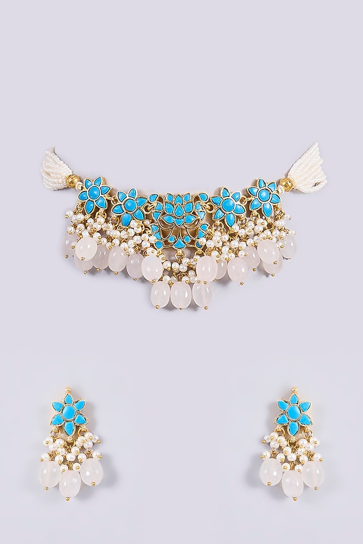 Gold Plated Kundan Polki & Turquoise Stone Jadau Choker Necklace Set by Shlok Jewels at Pernia's Pop Up Shop