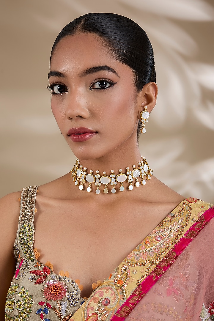 Gold Plated Mother Of Pearl & Semi-precious Stone Choker Necklace Set by Shlok Jewels at Pernia's Pop Up Shop
