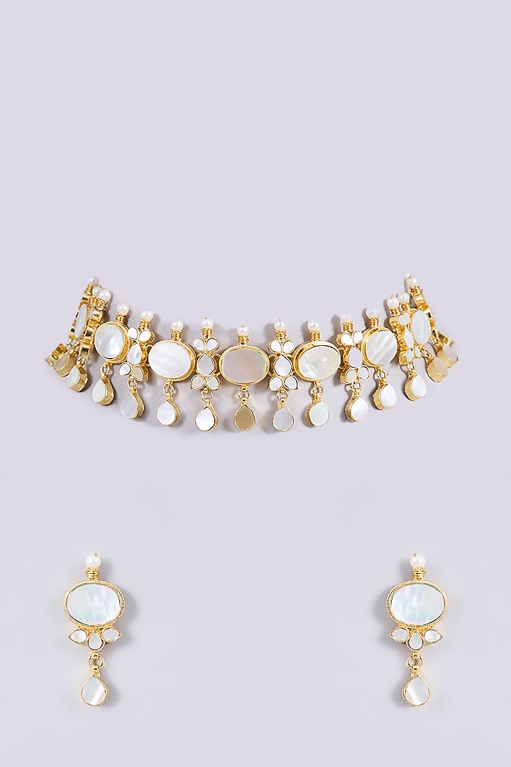 Gold Plated Mother Of Pearl & Semi-precious Stone Choker Necklace Set by Shlok Jewels at Pernia's Pop Up Shop