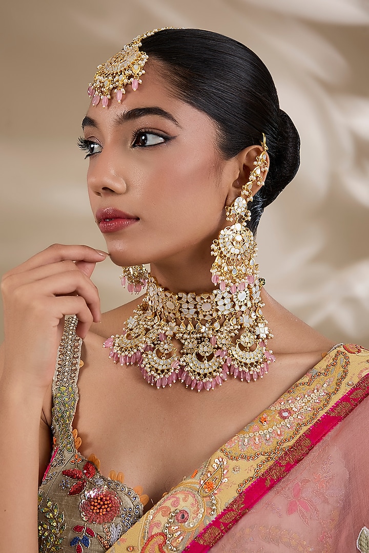 Gold Plated Mother Of Pearl & Semi-precious Stone Choker Necklace Set by Shlok Jewels at Pernia's Pop Up Shop