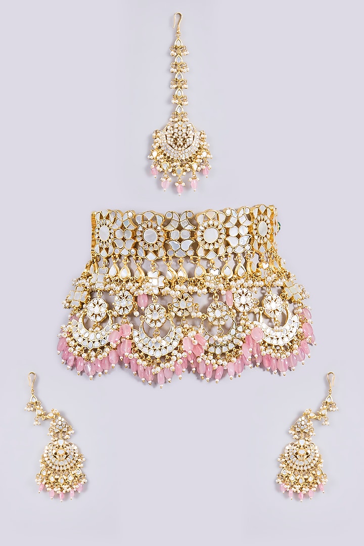 Gold Plated Mother Of Pearl & Semi-precious Stone Choker Necklace Set by Shlok Jewels at Pernia's Pop Up Shop