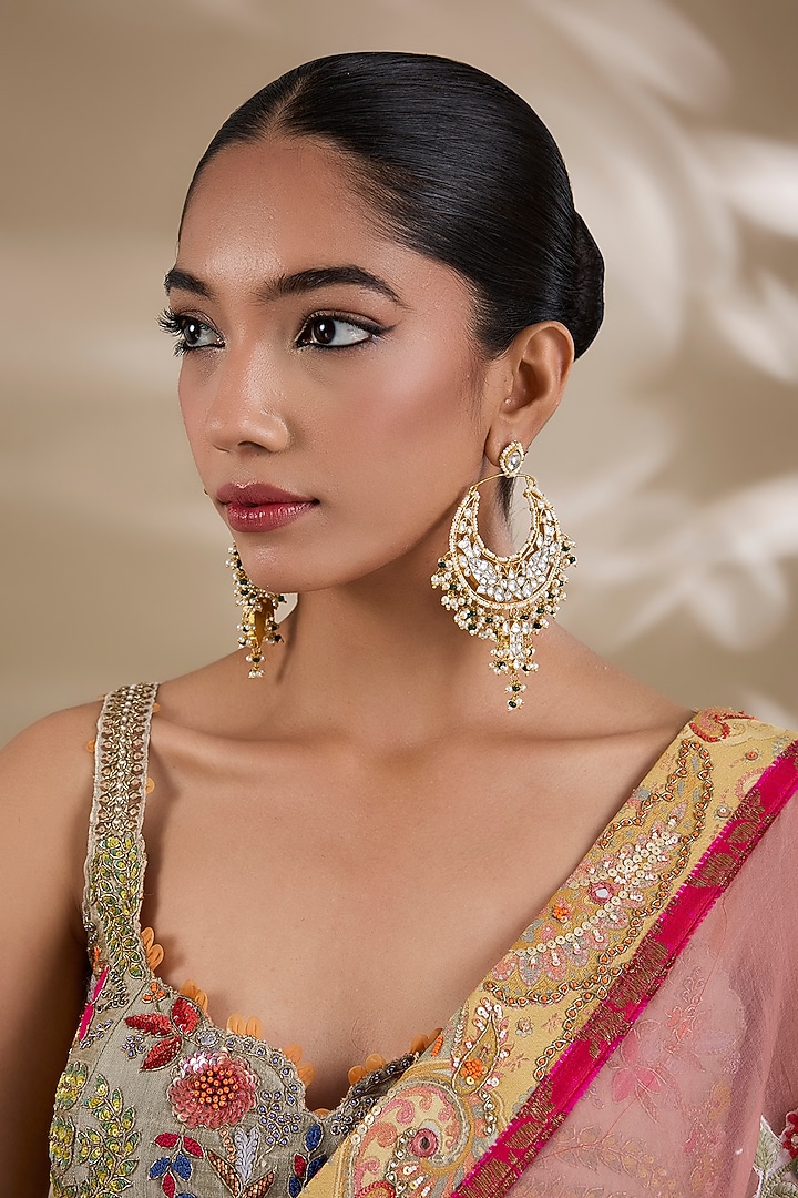 Gold Plated Kundan Polki & Semi-Precious Stone Jadau Chandbali Earrings by Shlok Jewels at Pernia's Pop Up Shop