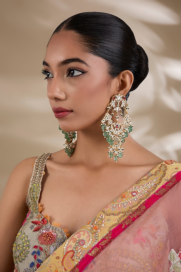 Gold Plated Kundan Polki & Semi-Precious Stone Jadau Chandbali Earrings by Shlok Jewels at Pernia's Pop Up Shop