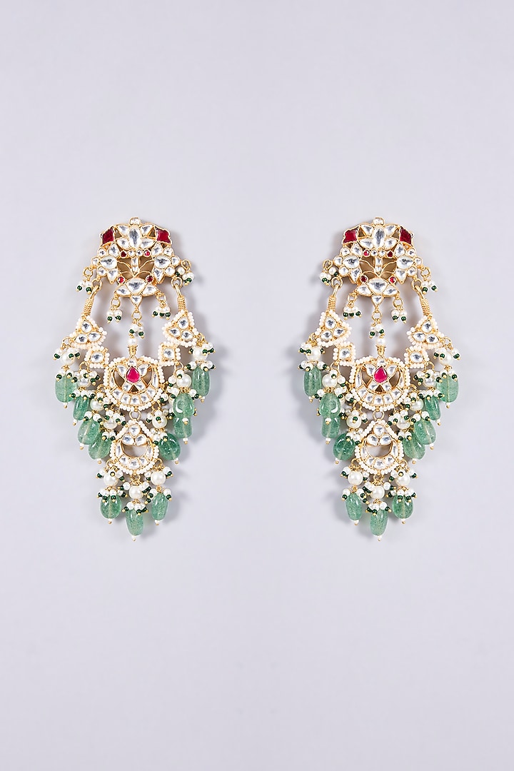 Gold Plated Kundan Polki & Semi-Precious Stone Jadau Chandbali Earrings by Shlok Jewels at Pernia's Pop Up Shop