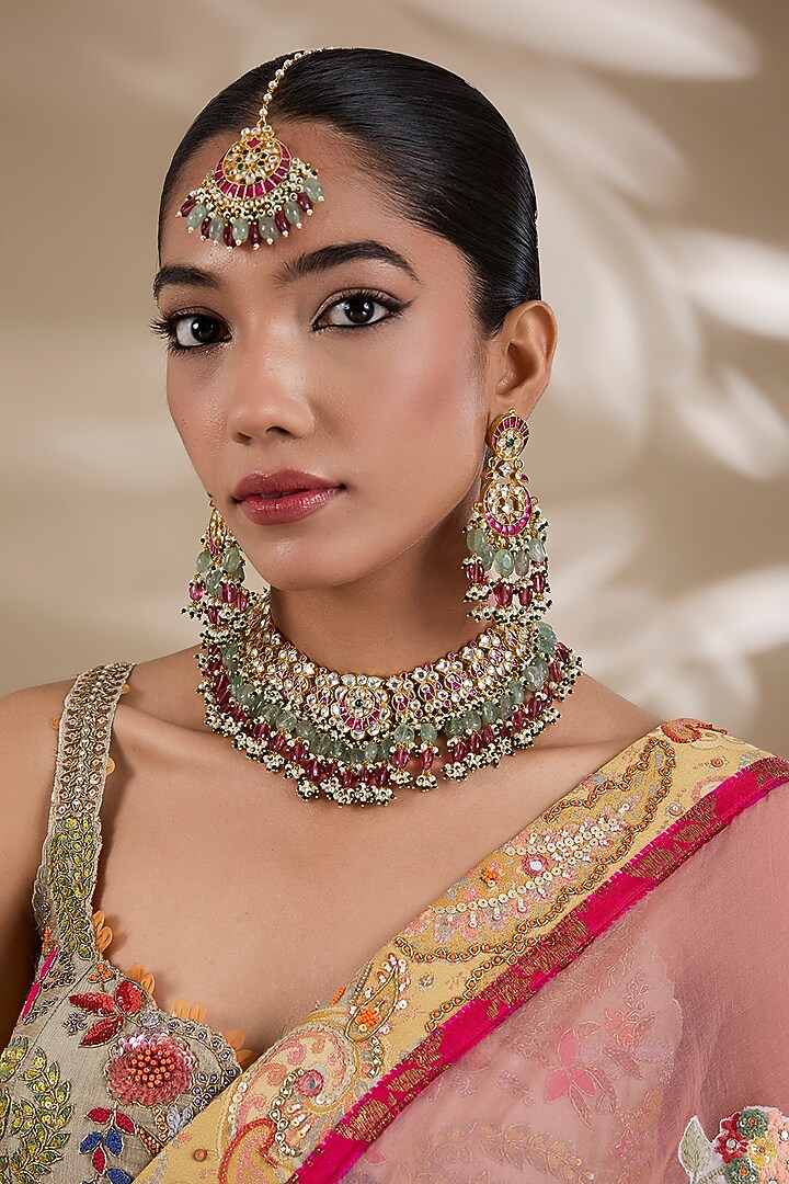 Gold Plated Mother Of Pearl & Semi-precious Stone Choker Necklace Set by Shlok Jewels at Pernia's Pop Up Shop