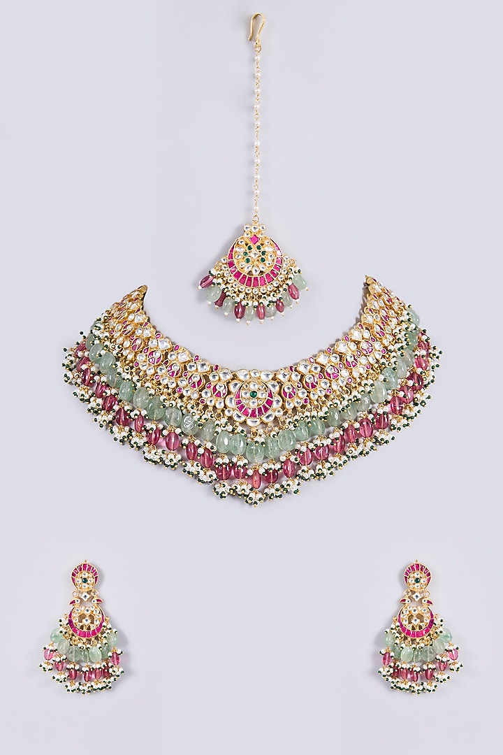 Gold Plated Mother Of Pearl & Semi-precious Stone Choker Necklace Set by Shlok Jewels at Pernia's Pop Up Shop