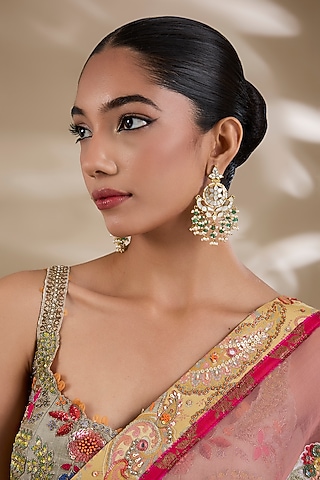 Gold Plated Mother Of Pearl & Semi-Precious Stone Dangler Earrings by Shlok Jewels
