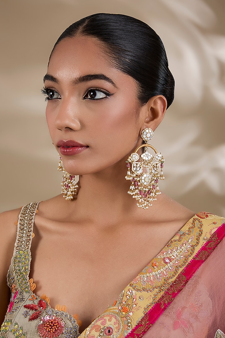 Gold Plated Mother Of Pearl & Semi-Precious Stone Chandbali Earrings by Shlok Jewels at Pernia's Pop Up Shop