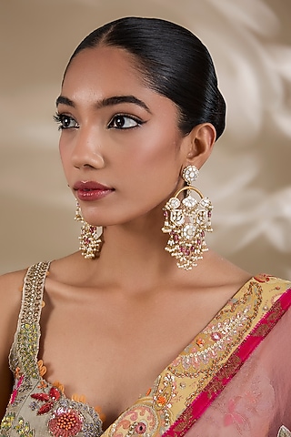 Gold Plated Mother Of Pearl & Semi-Precious Stone Chandbali Earrings by Shlok Jewels