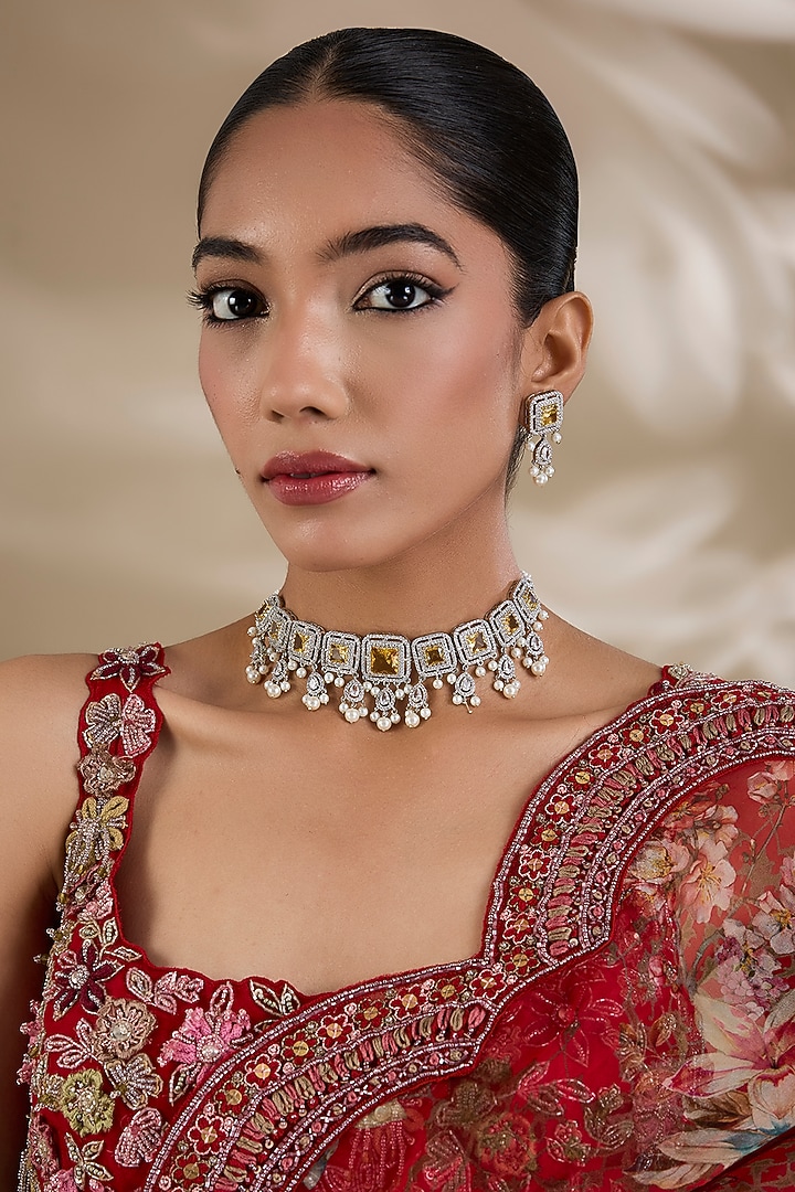 White Finish Zircon & Yellow Stone Necklace Set by Shlok Jewels at Pernia's Pop Up Shop