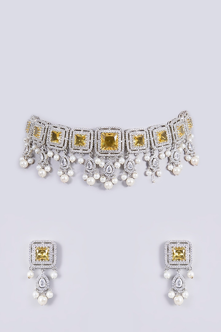 White Finish Zircon & Yellow Stone Necklace Set by Shlok Jewels at Pernia's Pop Up Shop