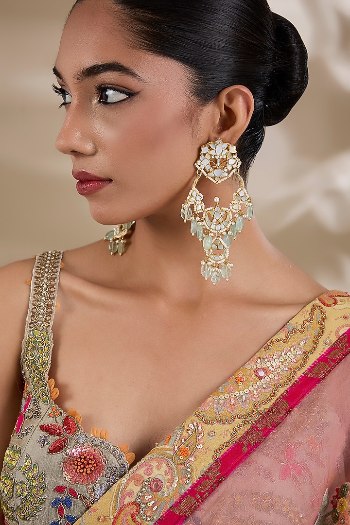 Gold Plated Mother Of Pearl & Semi-Precious Stone Chandbali Earrings by Shlok Jewels at Pernia's Pop Up Shop