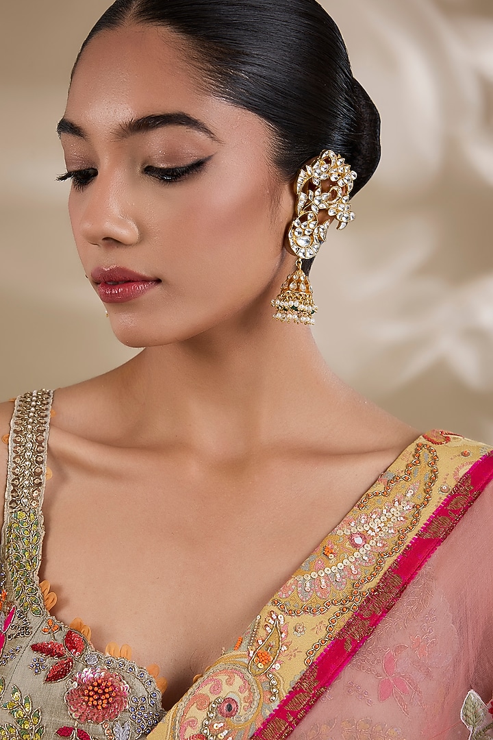 Gold Plated Kundan Polki & Semi-Precious Stone Jadau Dangler Earrings by Shlok Jewels at Pernia's Pop Up Shop