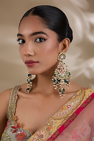 Gold Plated Kundan Polki & Semi-Precious Stone Jadau Chandbali Earrings by Shlok Jewels