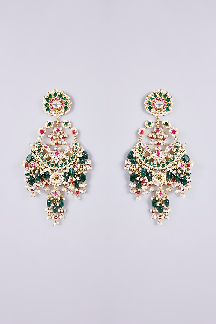Gold Plated Kundan Polki & Semi-Precious Stone Jadau Chandbali Earrings by Shlok Jewels at Pernia's Pop Up Shop