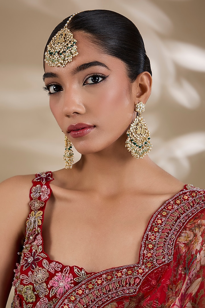Gold Plated Kundan Polki Jadau Chandbali Earrings With Maangtikka by Shlok Jewels at Pernia's Pop Up Shop