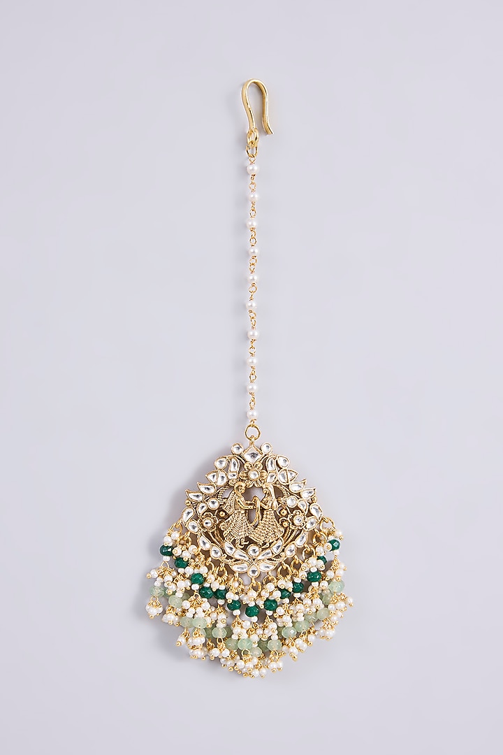 Gold Plated Kundan Polki Jadau Chandbali Earrings With Maangtikka by Shlok Jewels at Pernia's Pop Up Shop