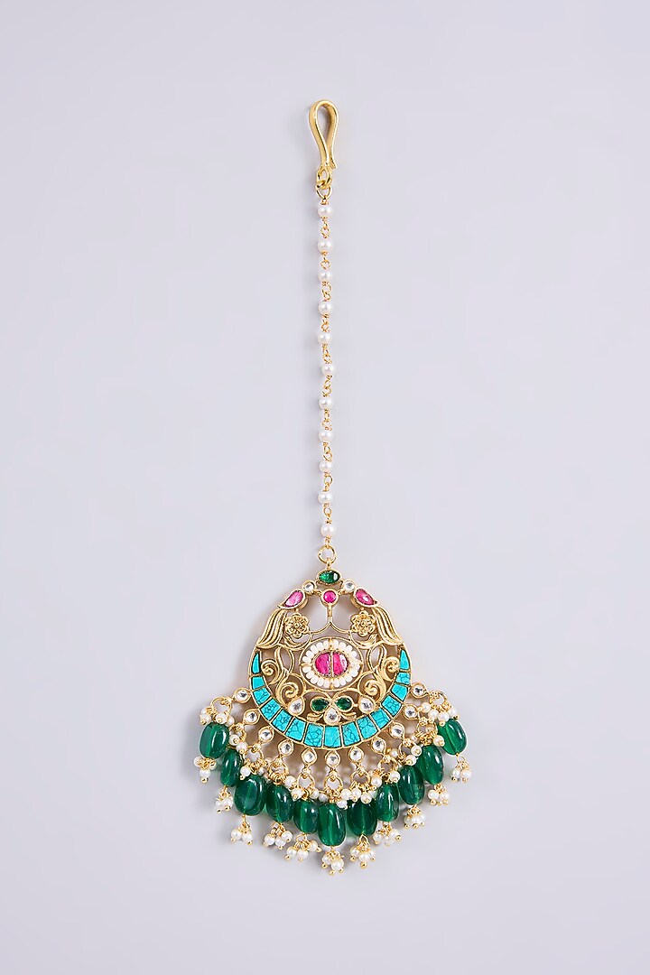 Gold Plated Kundan Polki & Semi-precious Stone Jadau Maangtikka by Shlok Jewels at Pernia's Pop Up Shop