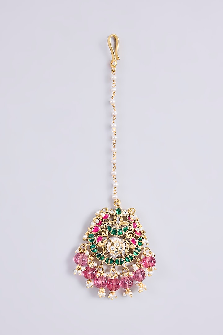 Gold Plated Kundan Polki & Semi-precious Stone Jadau Maangtikka by Shlok Jewels at Pernia's Pop Up Shop