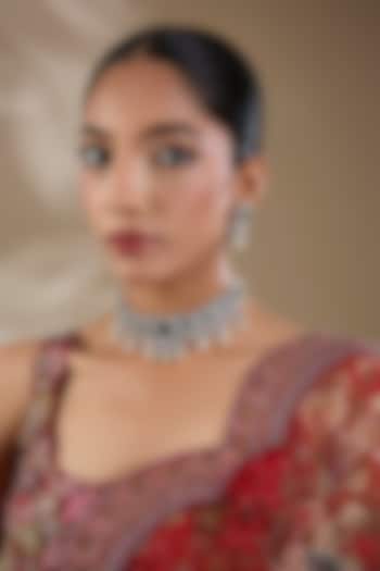 White Finish Zircon & Green Stone Necklace Set by Shlok Jewels at Pernia's Pop Up Shop