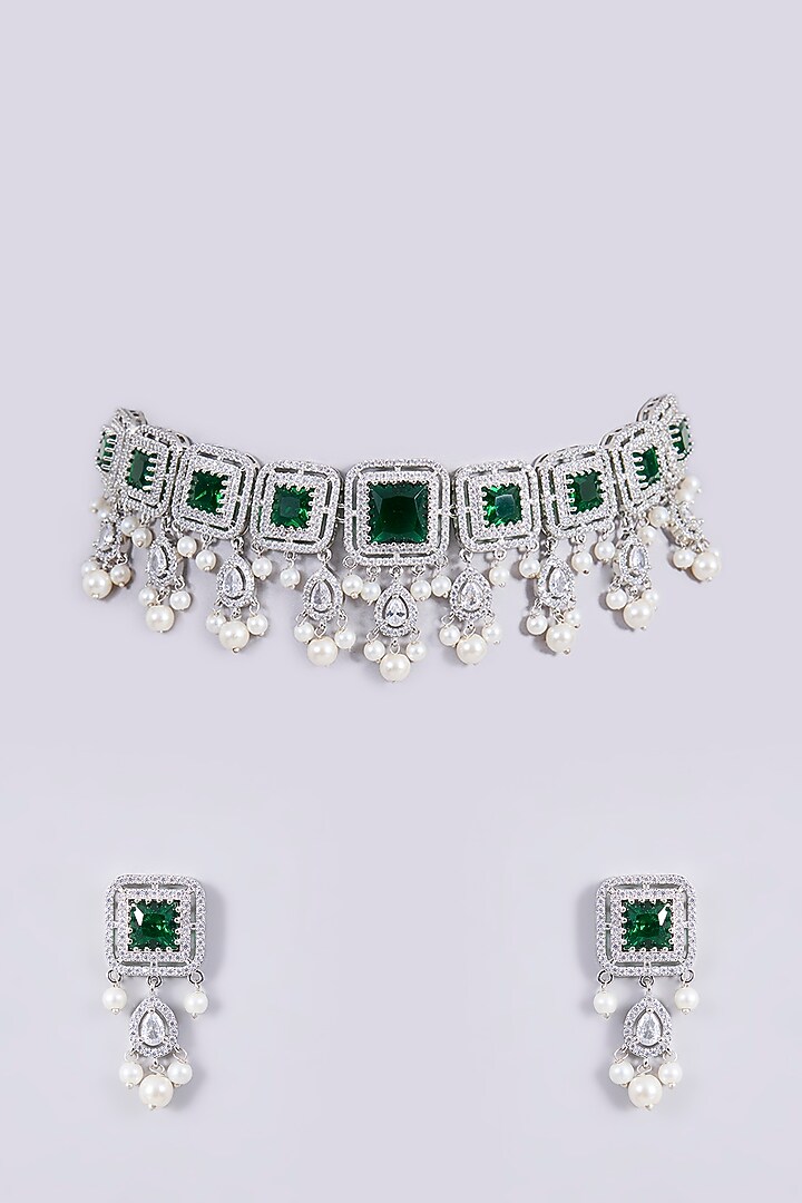 White Finish Zircon & Green Stone Necklace Set by Shlok Jewels at Pernia's Pop Up Shop