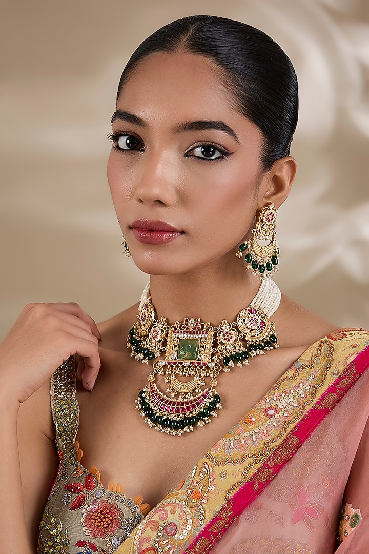 Gold Plated Kundan Polki & Semi-precious Stone Jadau Necklace Set by Shlok Jewels at Pernia's Pop Up Shop