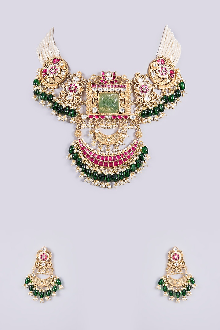 Gold Plated Kundan Polki & Semi-precious Stone Jadau Necklace Set by Shlok Jewels at Pernia's Pop Up Shop