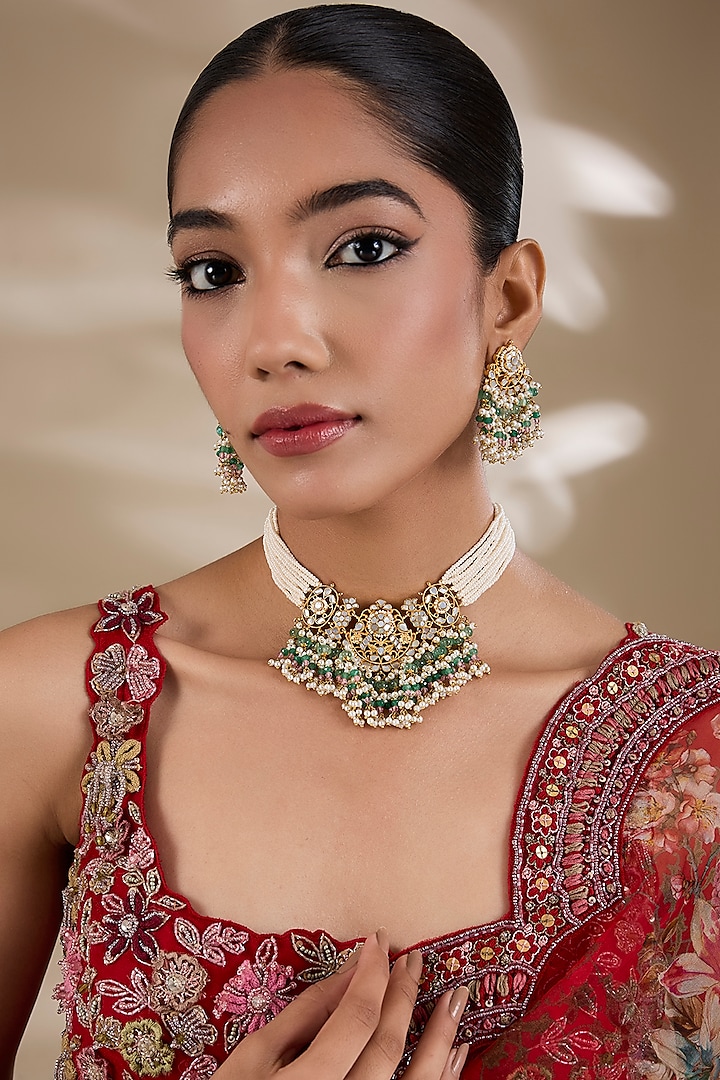 Gold Plated Mother Of Pearl & Semi-precious Stone Choker Necklace Set by Shlok Jewels at Pernia's Pop Up Shop