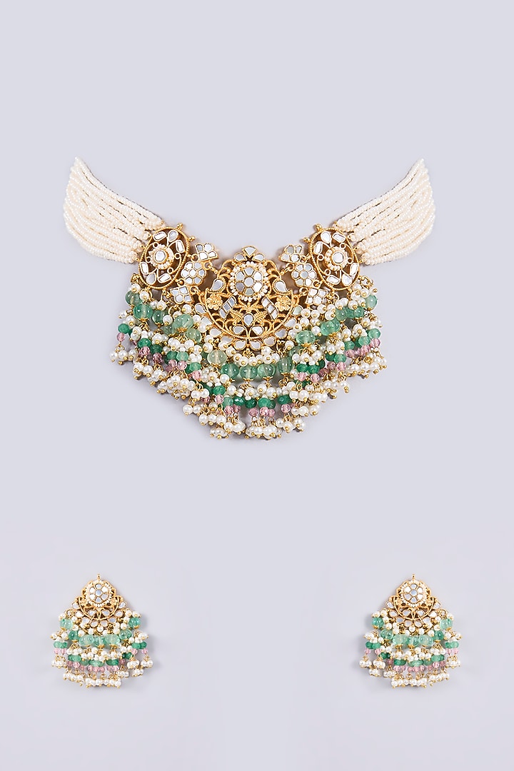 Gold Plated Mother Of Pearl & Semi-precious Stone Choker Necklace Set by Shlok Jewels at Pernia's Pop Up Shop