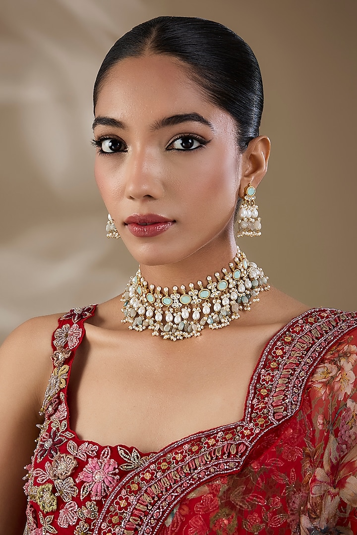 Gold Plated Kundan Polki & Semi-precious Stone Jadau Necklace Set by Shlok Jewels at Pernia's Pop Up Shop