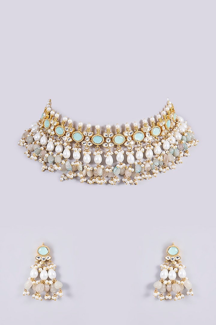 Gold Plated Kundan Polki & Semi-precious Stone Jadau Necklace Set by Shlok Jewels at Pernia's Pop Up Shop