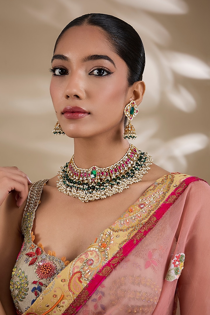 Gold Plated Kundan Polki & Semi-precious Stone Jadau Necklace Set by Shlok Jewels at Pernia's Pop Up Shop