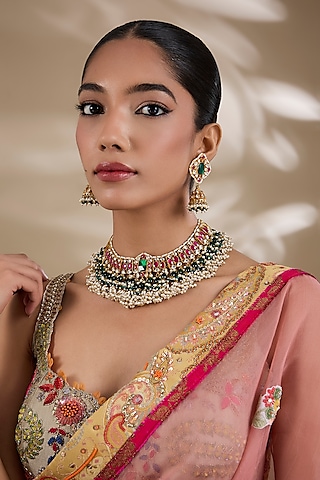 Gold Plated Kundan Polki & Semi-precious Stone Jadau Necklace Set by Shlok Jewels