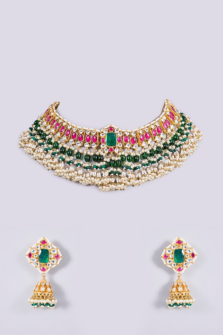 Gold Plated Kundan Polki & Semi-precious Stone Jadau Necklace Set by Shlok Jewels at Pernia's Pop Up Shop