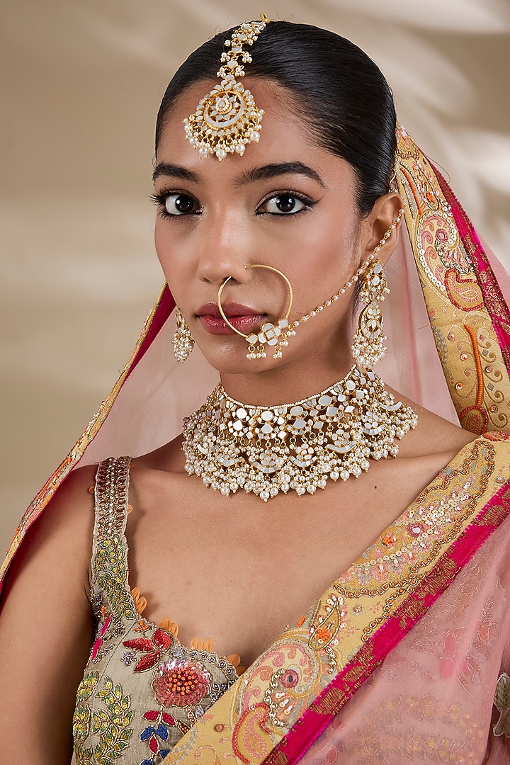 Gold Plated Mother Of Pearl & Semi-precious Stone Choker Necklace Set by Shlok Jewels at Pernia's Pop Up Shop