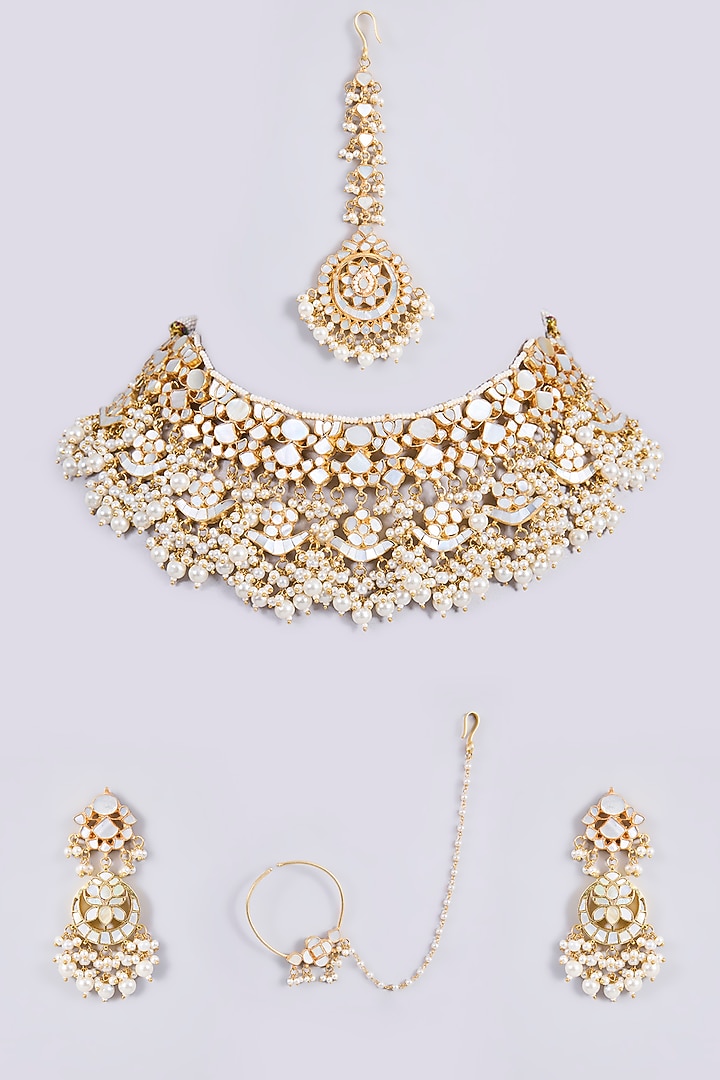 Gold Plated Mother Of Pearl & Semi-precious Stone Choker Necklace Set by Shlok Jewels at Pernia's Pop Up Shop