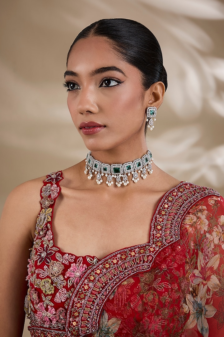 White Finish Zircon & Green Stone Choker Necklace Set by Shlok Jewels at Pernia's Pop Up Shop