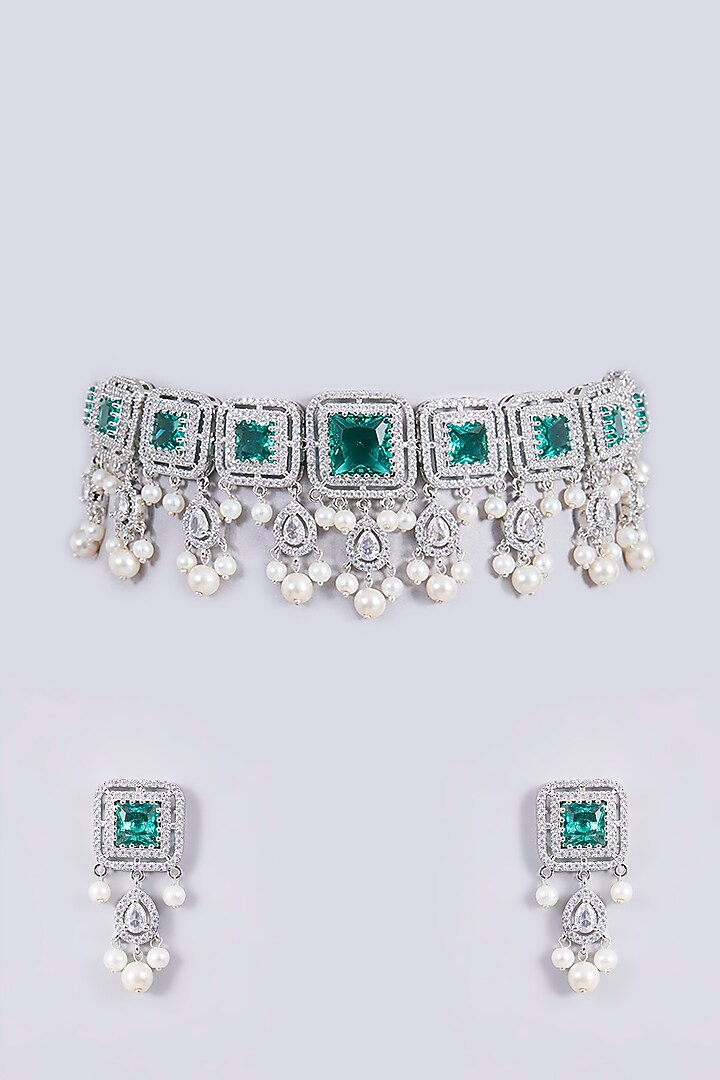 White Finish Zircon & Green Stone Choker Necklace Set by Shlok Jewels at Pernia's Pop Up Shop