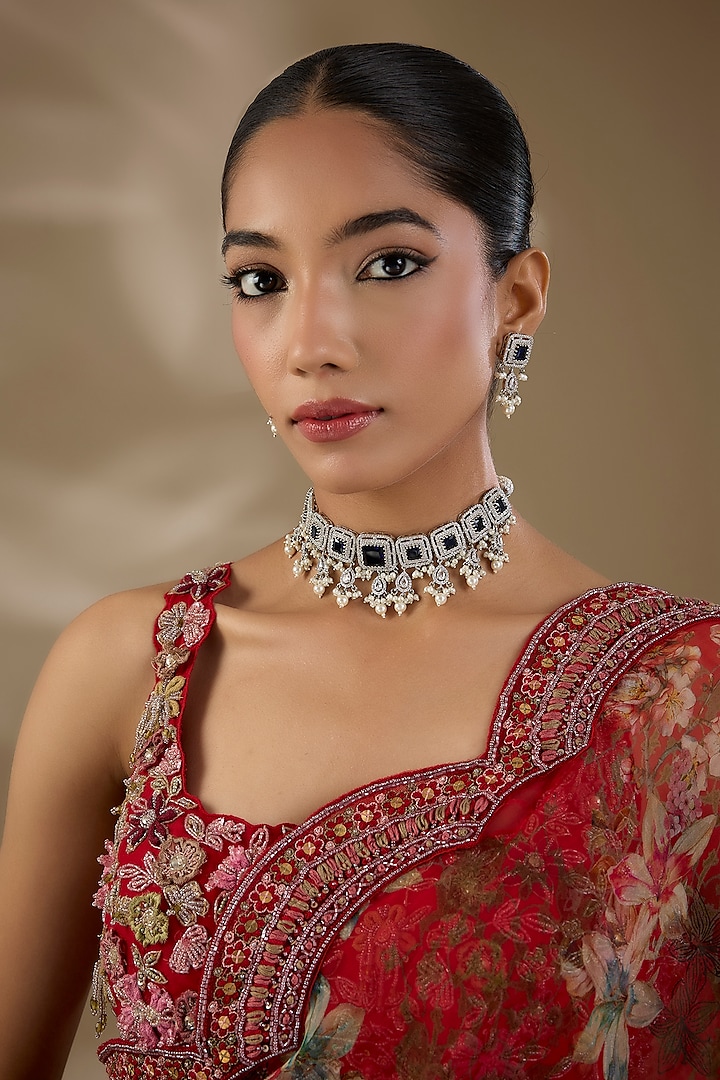 White Finish Zircon & Blue Stone Choker Necklace Set by Shlok Jewels at Pernia's Pop Up Shop