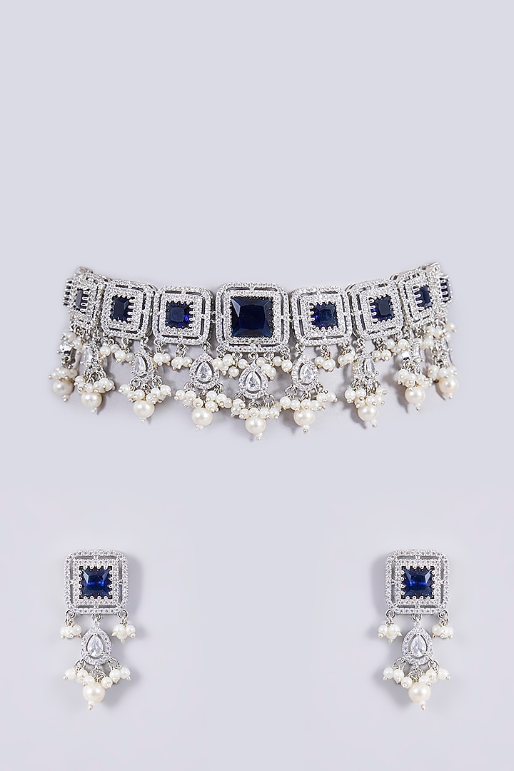 White Finish Zircon & Blue Stone Choker Necklace Set by Shlok Jewels at Pernia's Pop Up Shop